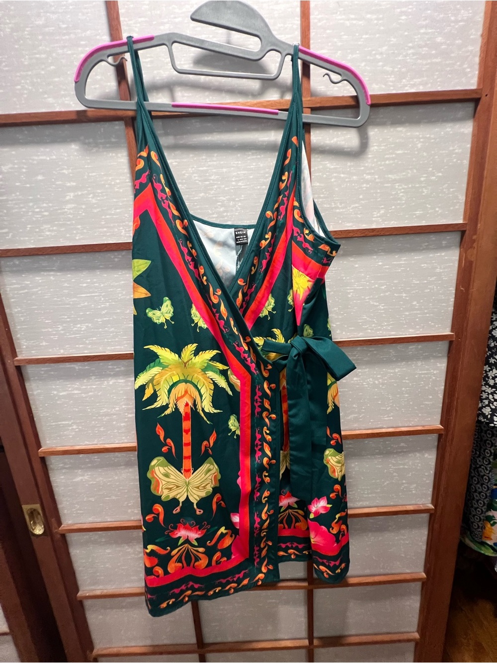 SHEIN Dark Green Tropical Wrap Mini Dress with Pink & Yellow Accents